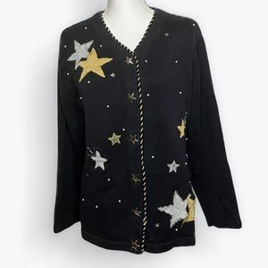 Vintage Quacker Factory Knit embroidered STAR Cardigan Sweater Black  - LARGE